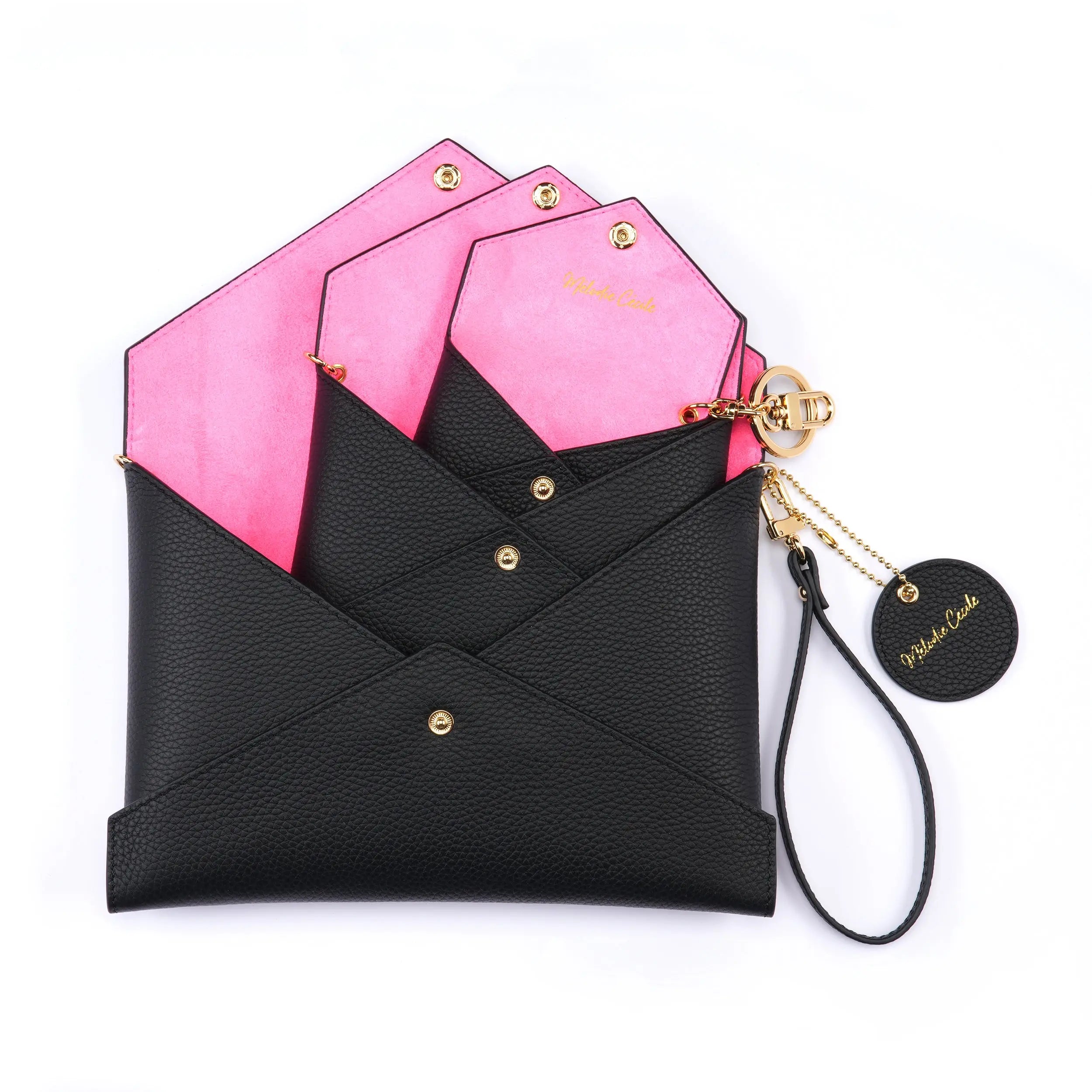 Togo Leather - Envelope trio - Clutch Set - BLACK (neon pink interior) dressupyourpurse