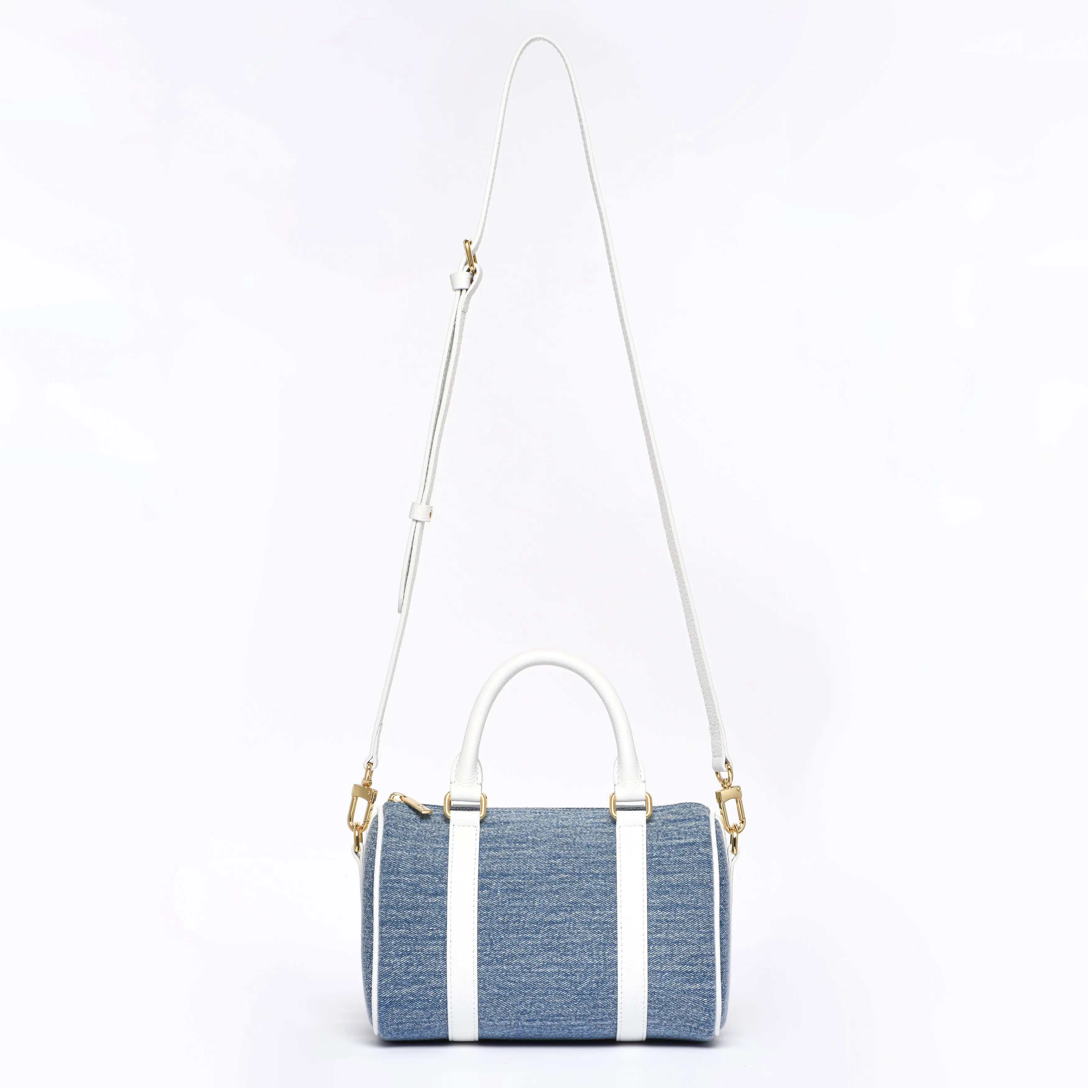 MINI BOSTON - Premium Denim & Togo Leather - Pearl White dressupyourpurse