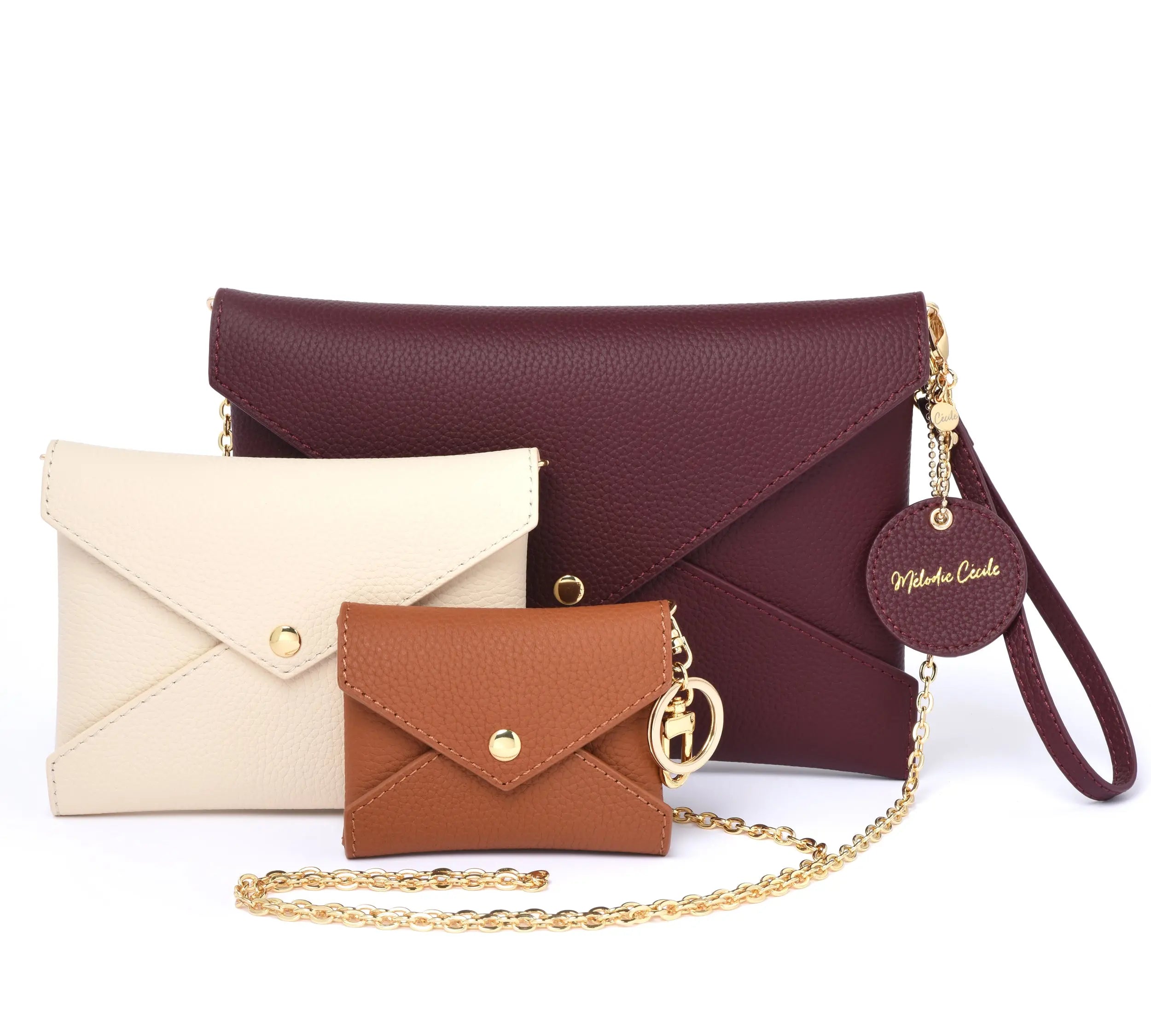 Togo Leather - Envelope trio - Clutch Set - BURGUNDY - CREAM - CAMEL dressupyourpurse