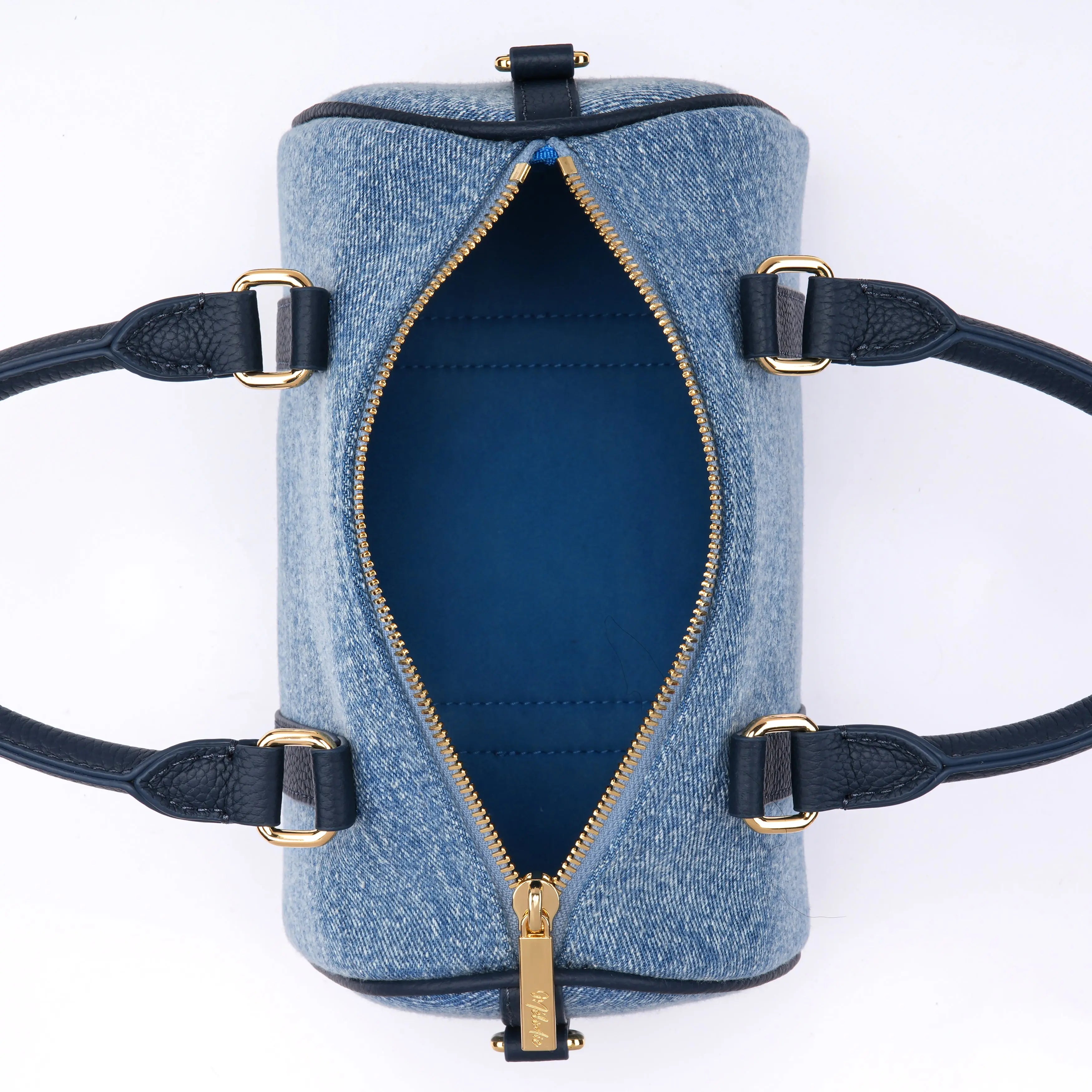 MINI BOSTON - Premium Denim & Togo Leather - Navy Blue dressupyourpurse
