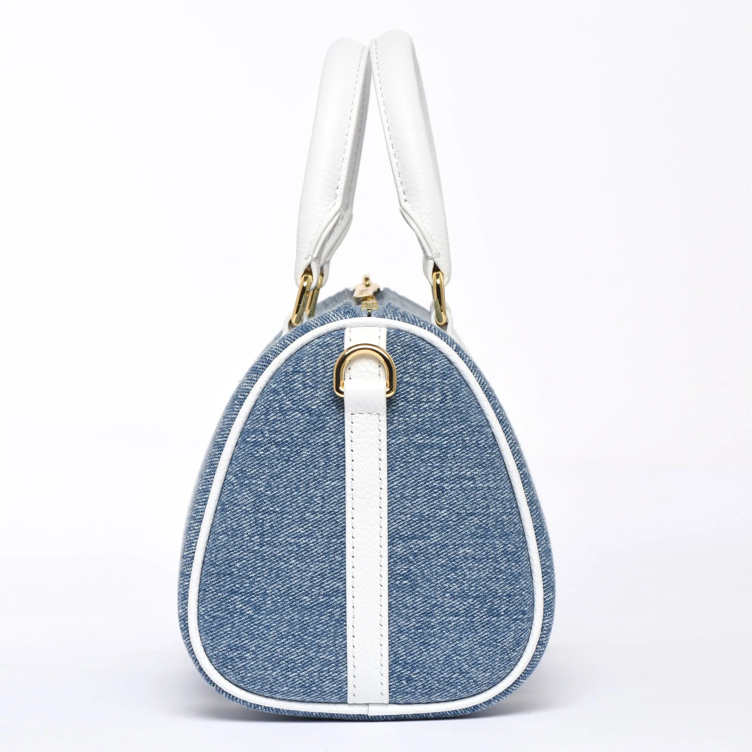 MINI BOSTON - Premium Denim & Togo Leather - Pearl White dressupyourpurse
