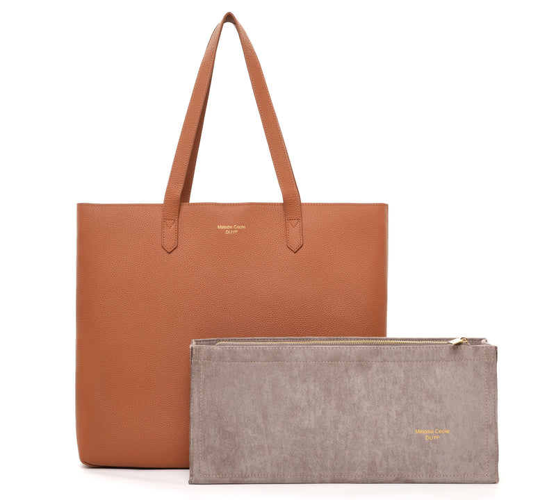 SHIPPING WITHIN USA ONLY "The Everyday Tote" Togo Leather Shoulder Bag with suede organizer - CAMEL BROWN