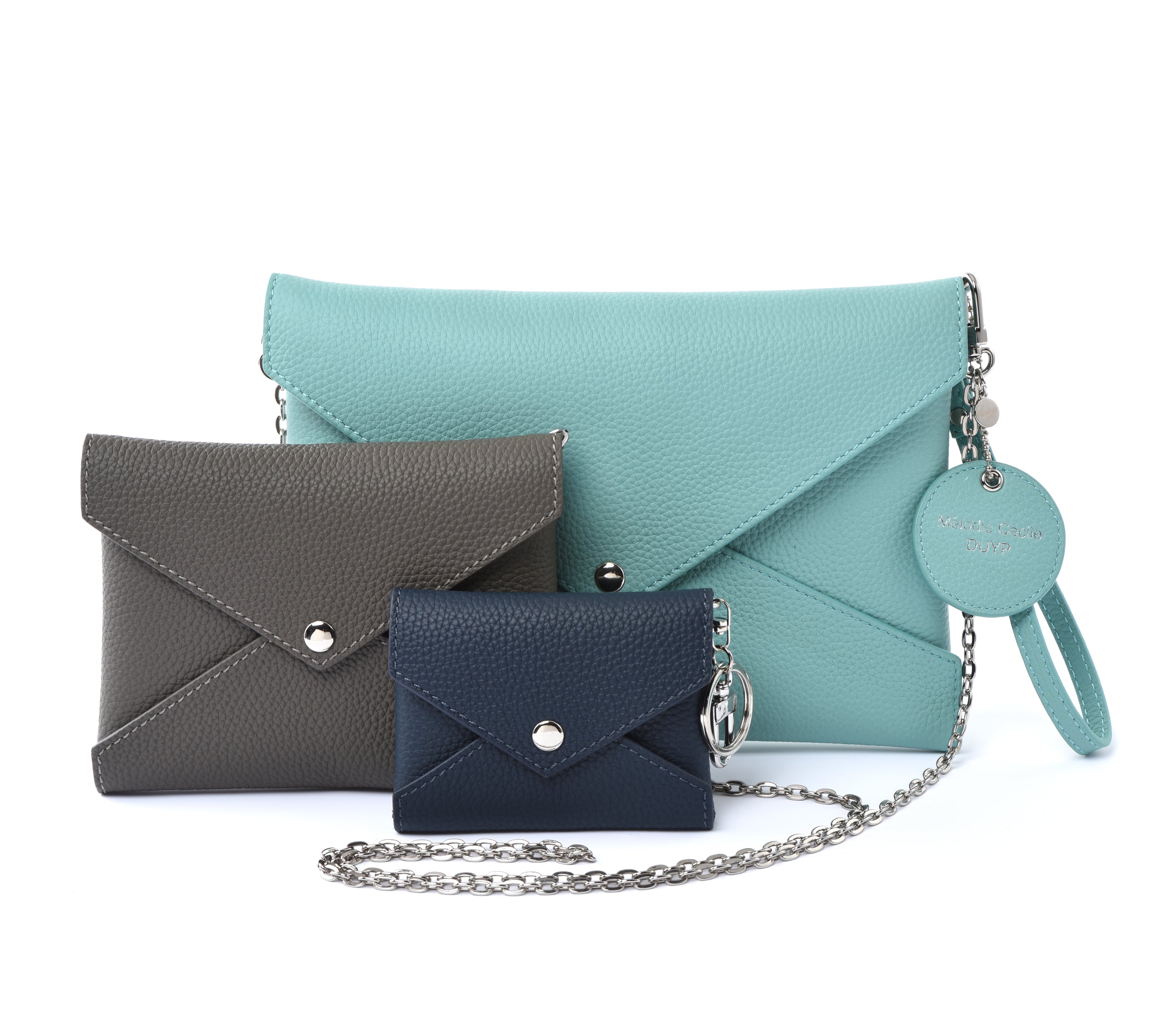 Togo Leather - Envelope trio - Clutch Set - TIFFANY BLUE - GREY - NAVY (silver hdw)