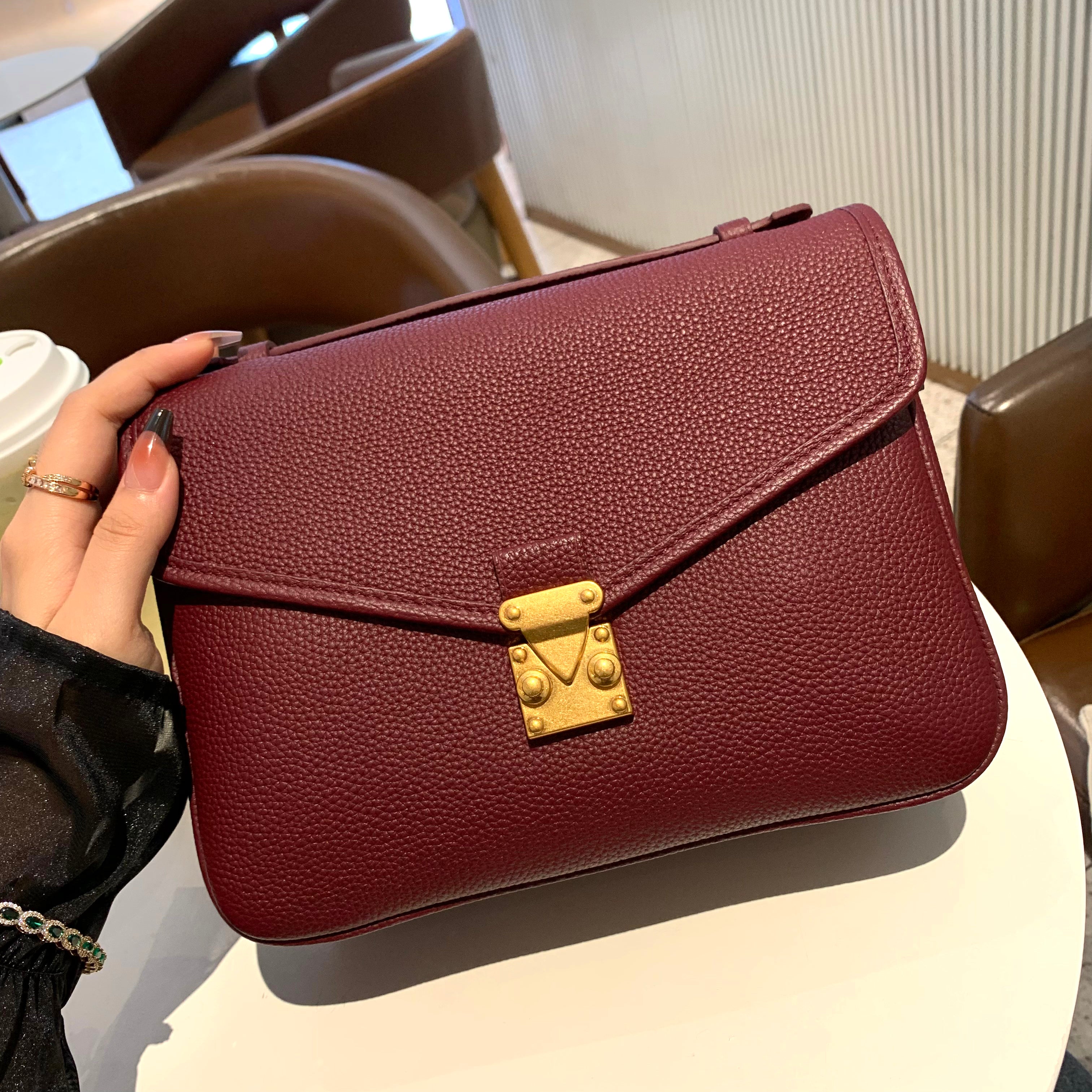 "Burgundy" Togo Leather - "Paris15" Satchel Crossbody bag