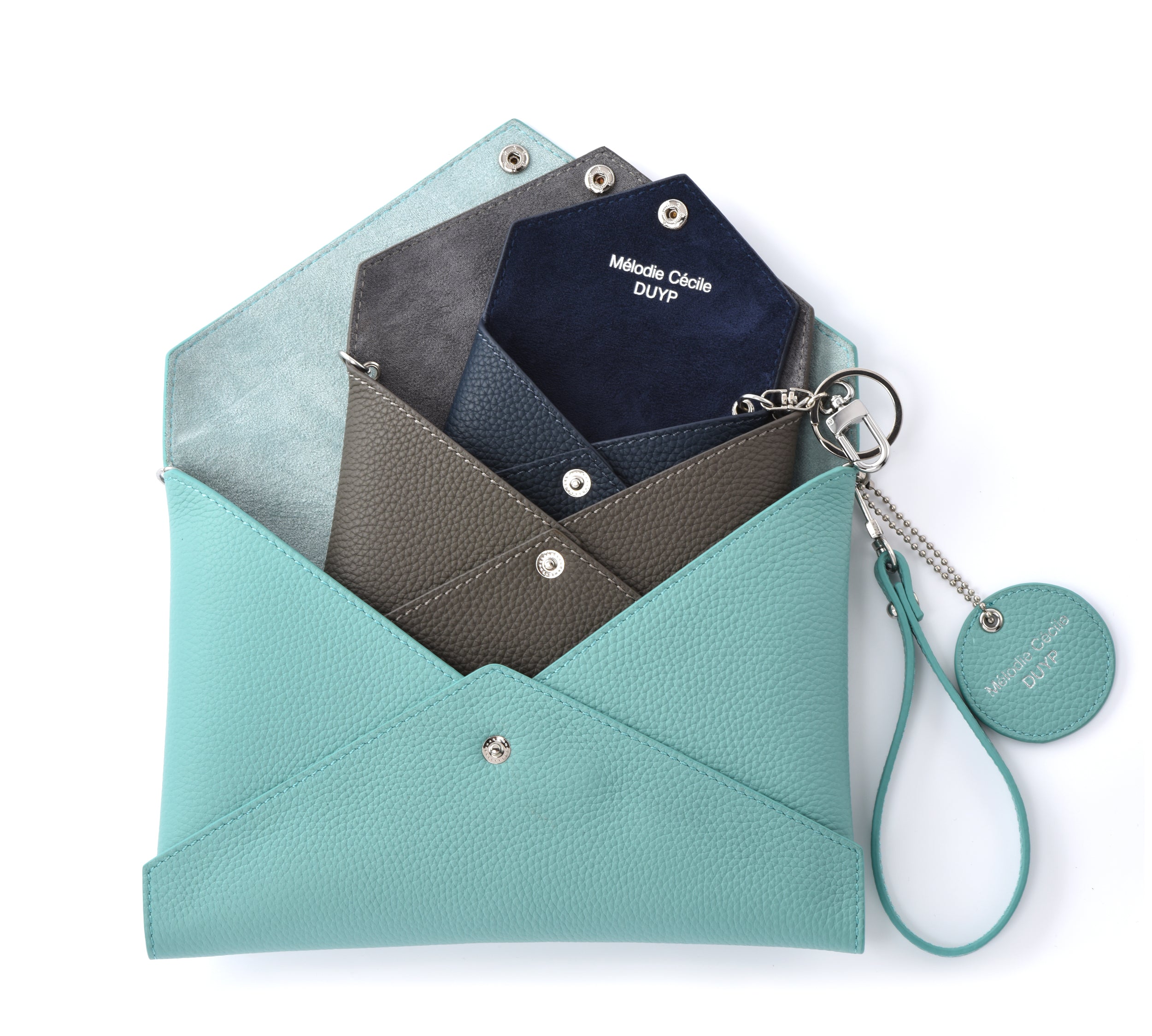 Togo Leather - Envelope trio - Clutch Set - TIFFANY BLUE - GREY - NAVY (silver hdw)