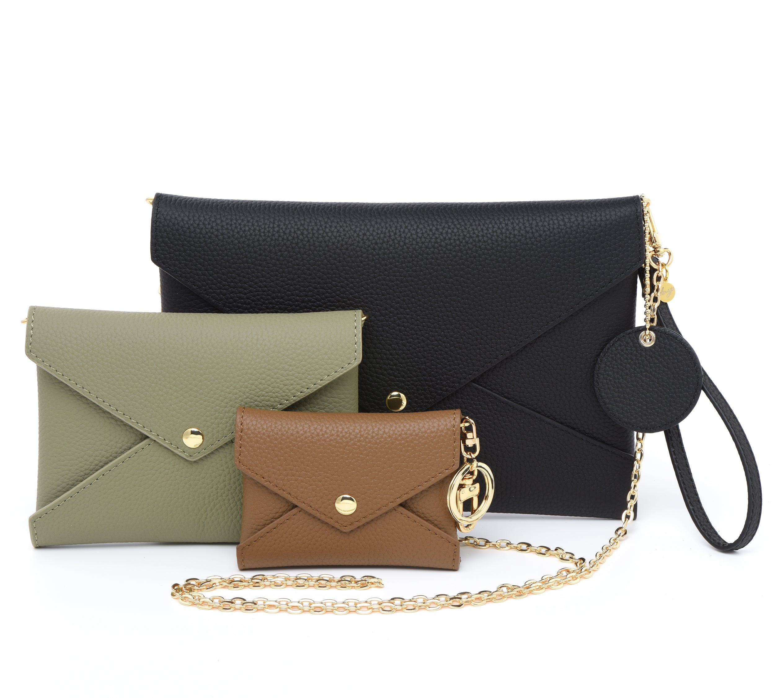 Togo Leather - Envelope trio - Clutch Set - BLACK - OLIVE - KHAKI