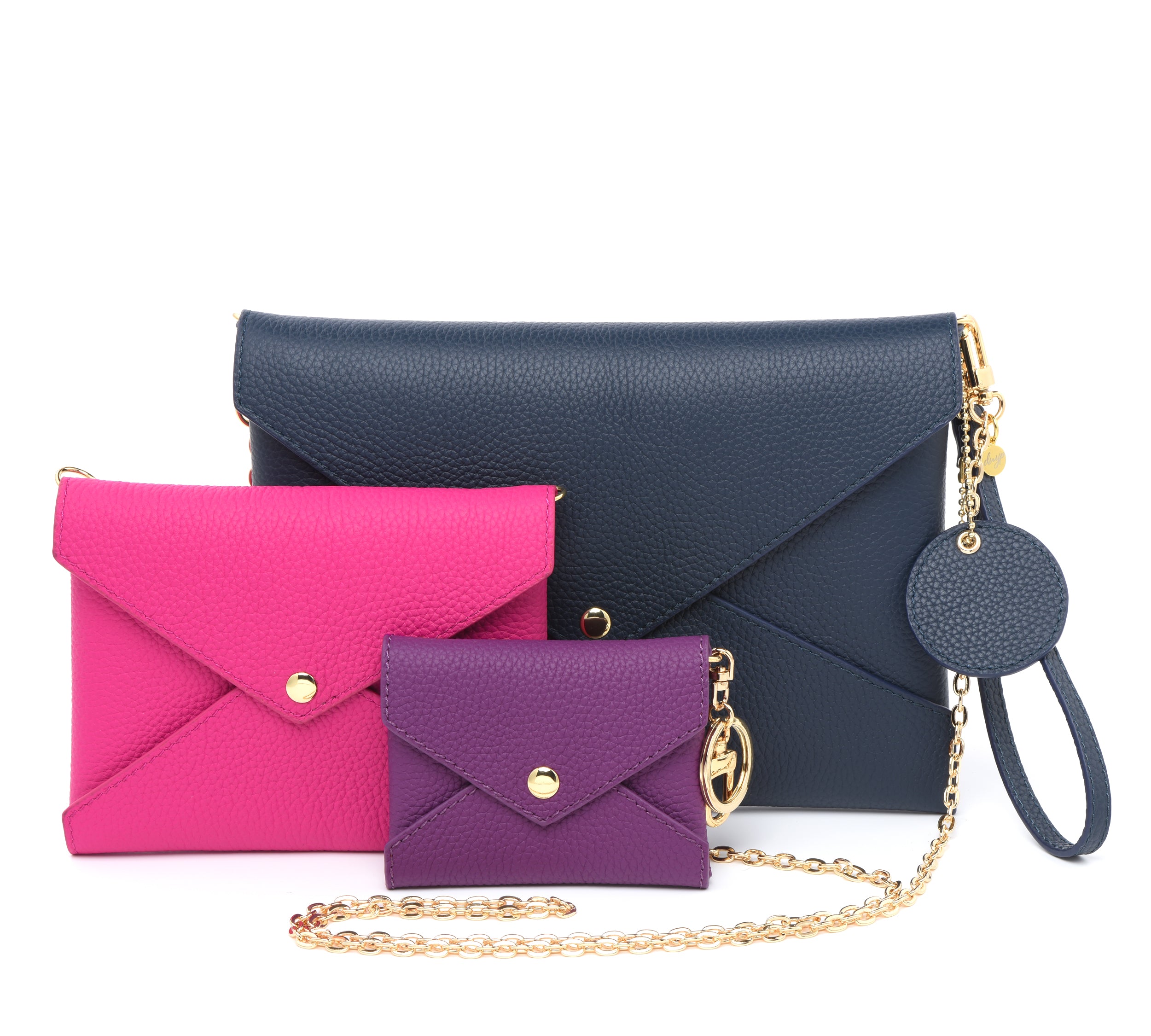 Togo Leather - Envelope trio - Clutch Set - NAVY - PINK - PURPLE