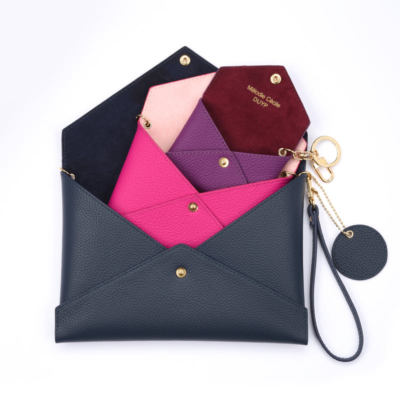 Togo Leather - Envelope trio - Clutch Set - NAVY - PINK - PURPLE