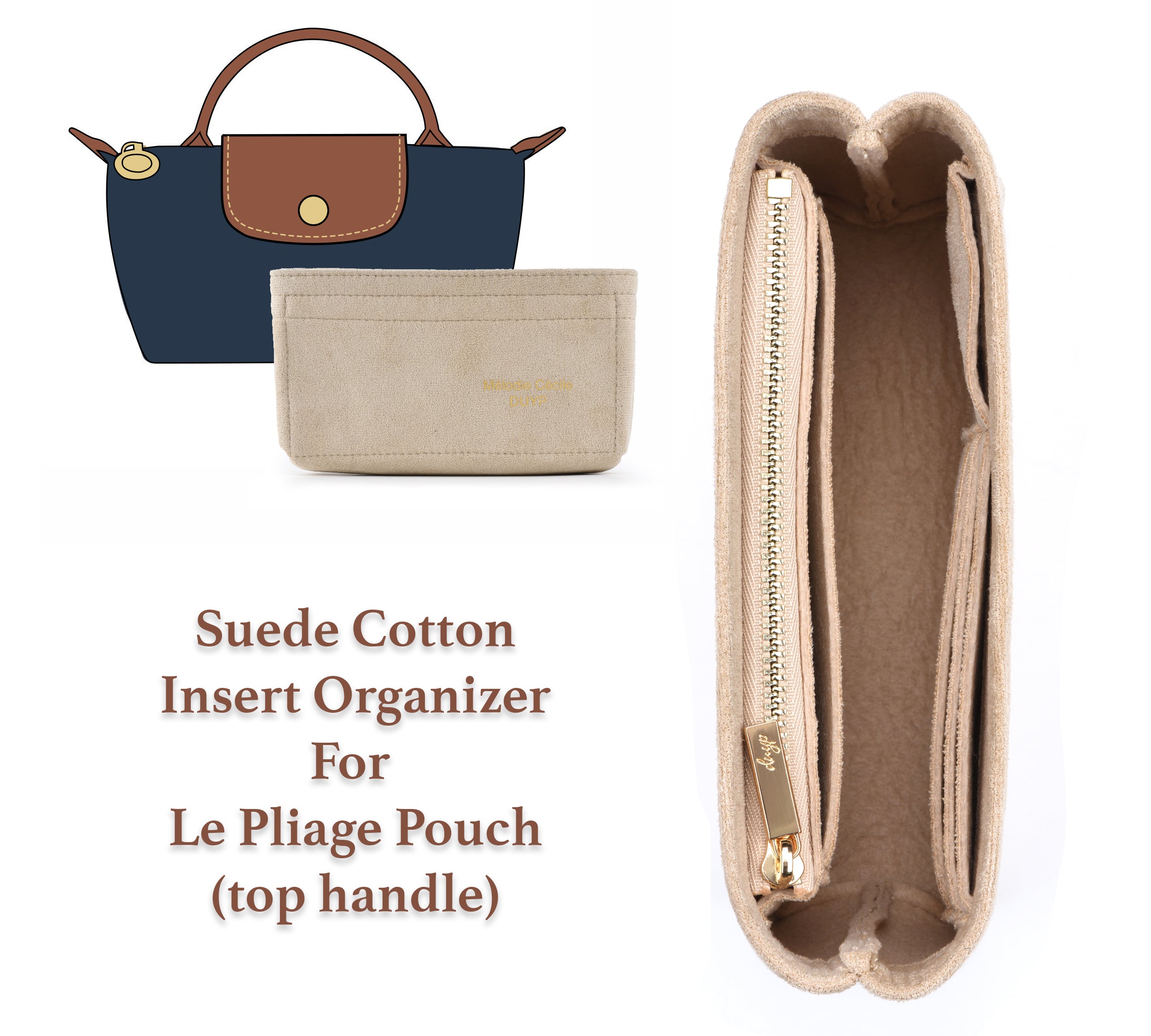 Suede Cotton Organizer for Le Pliage Pouch with Handle