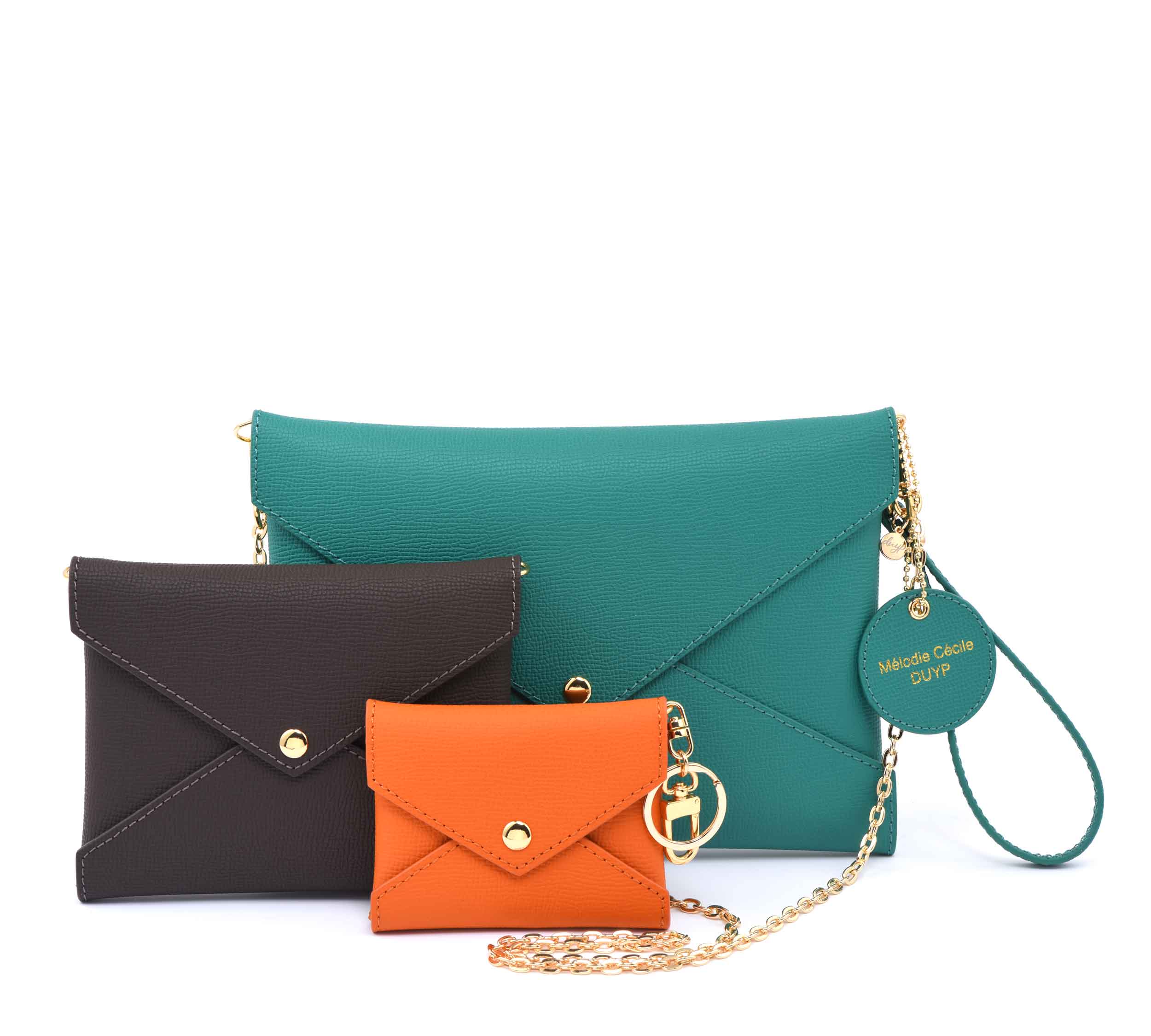 Epsom Leather - Envelope trio - Clutch Set - Teal - Dark Brown  - Orange