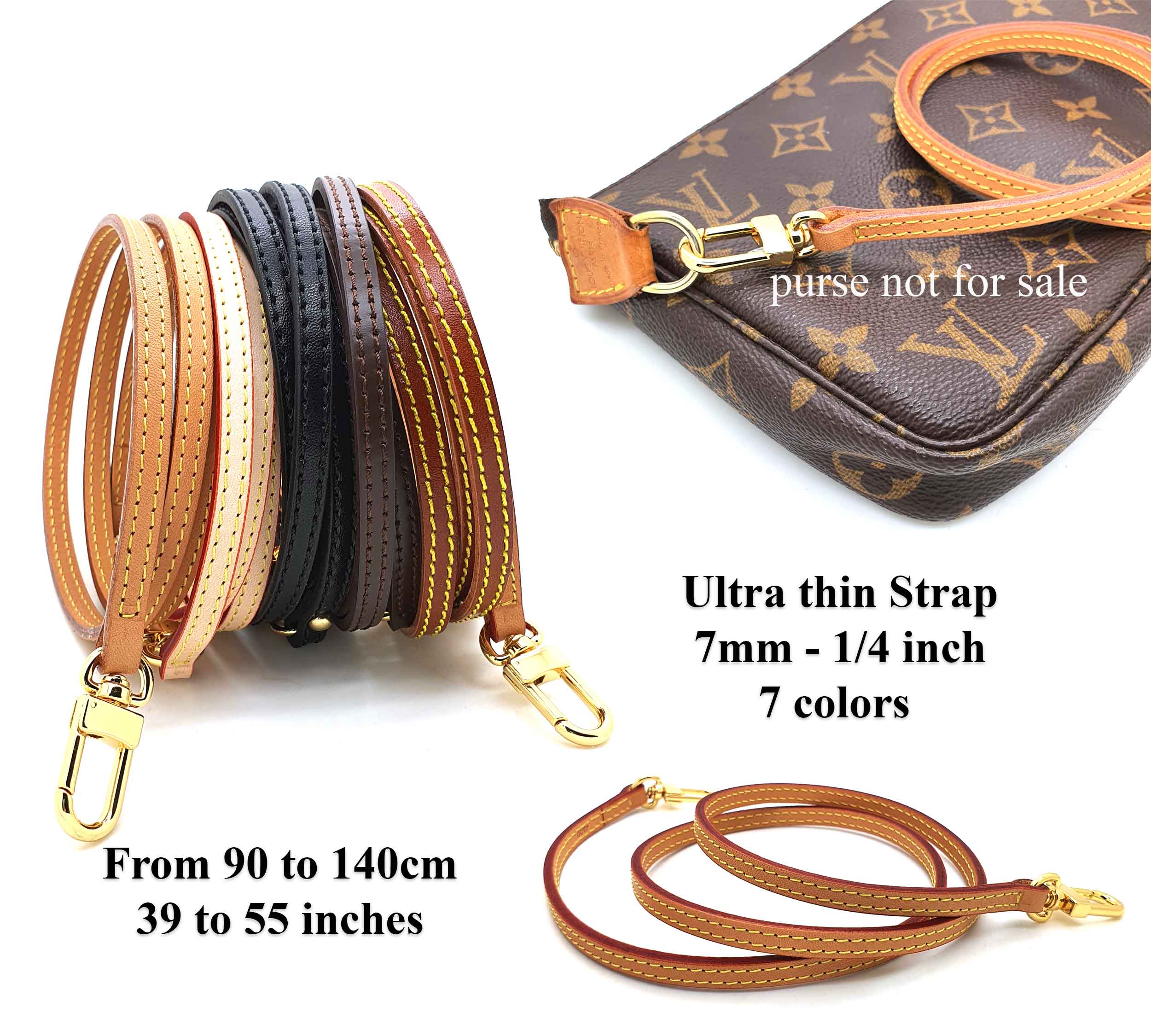 1/4" 7mm genuine leather ultra thin crossbody strap - 7 colors - 6 sizes