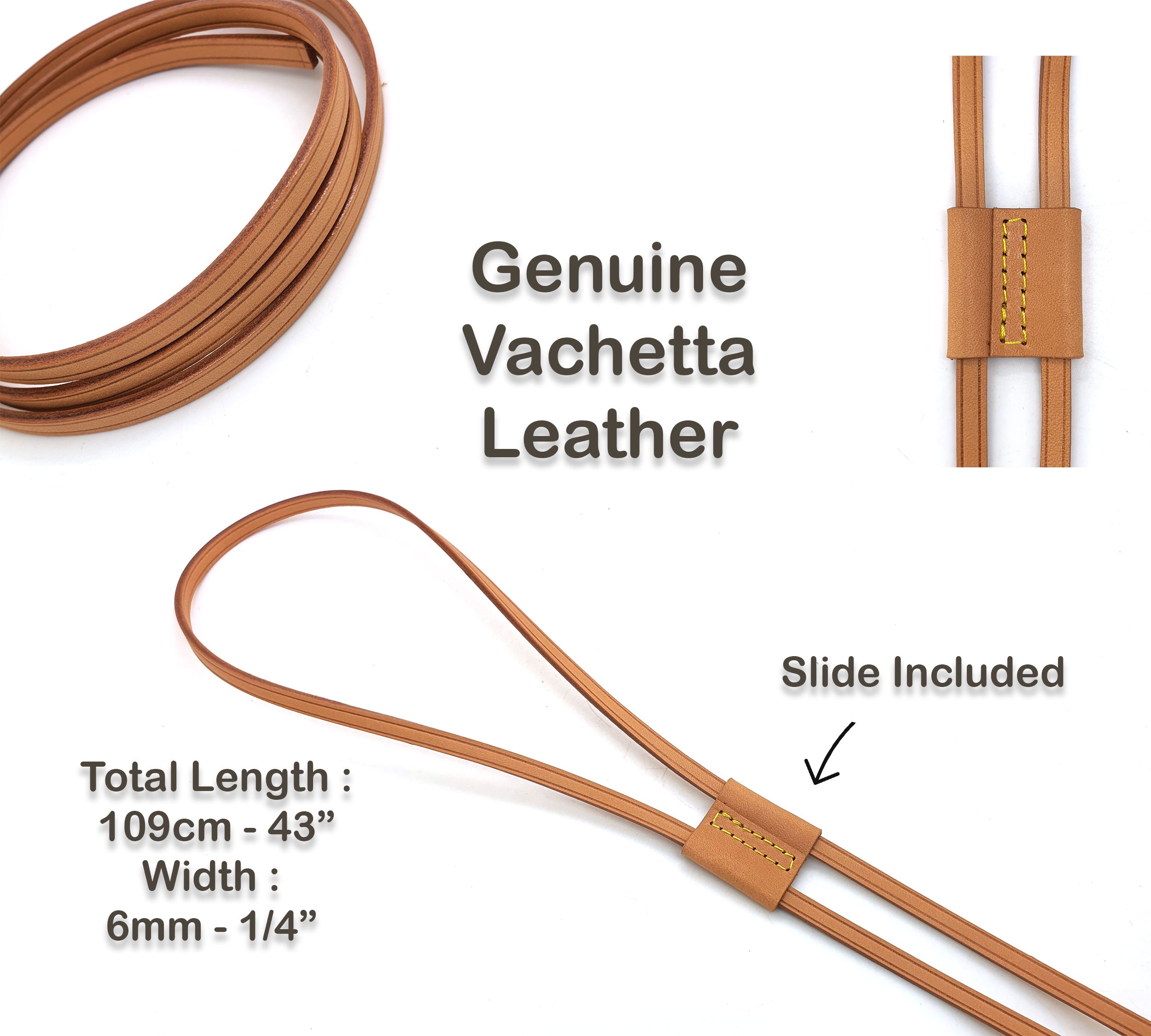 Vachetta Leather Drawstring Cord 6mm with Slide - for NOE, MONTSOURIS...